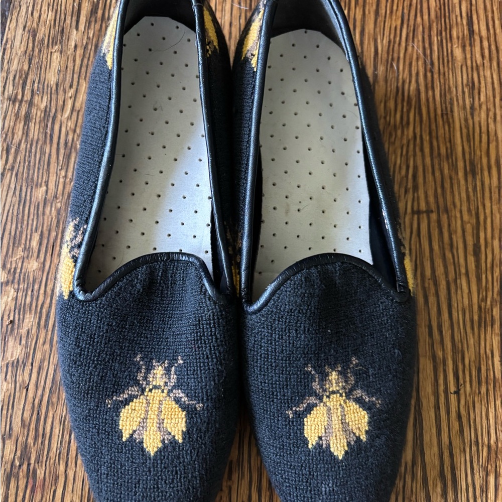 Black Loafers with Yellow Bee Embroidery